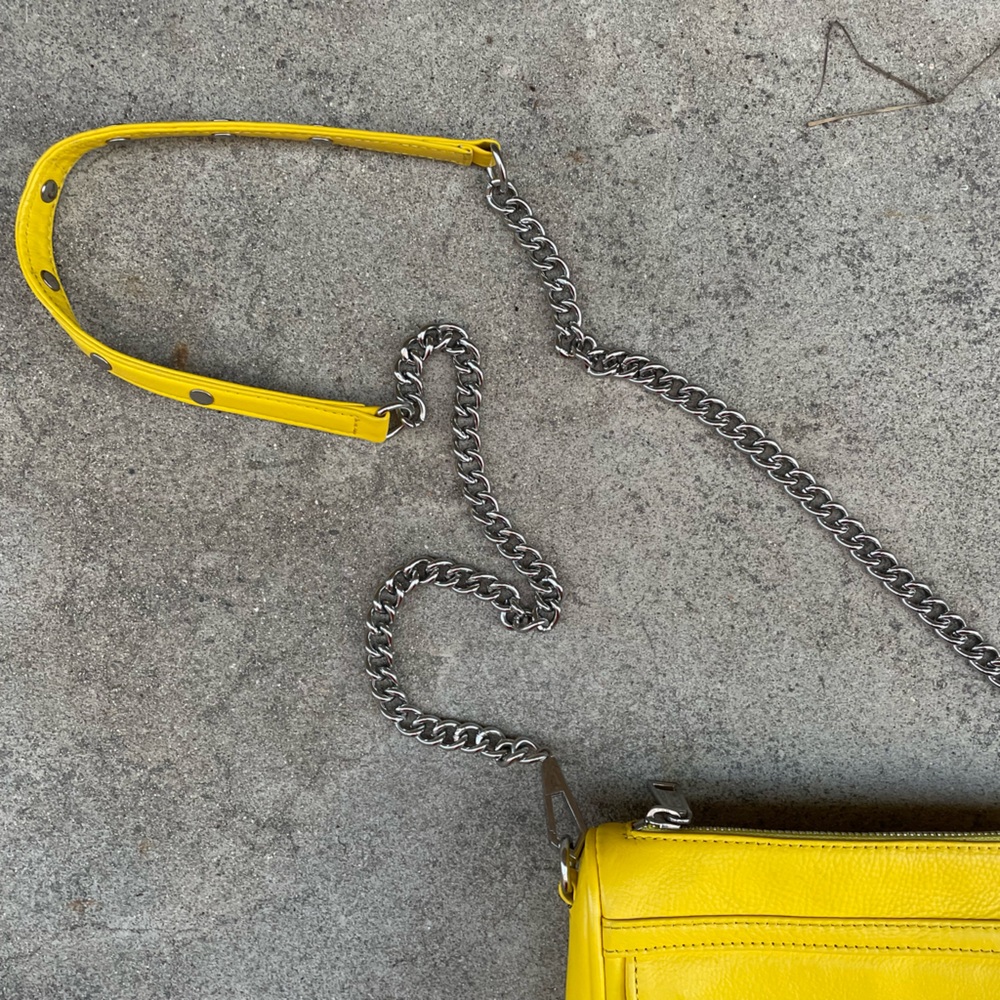 Canary Yellow Leather 5 Zip, Silver Chain Crossbody - Picture 4 of 13